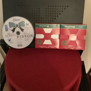 55 yards wired green/blue sparkle ribbon, 100 yards ea. white holiday & red